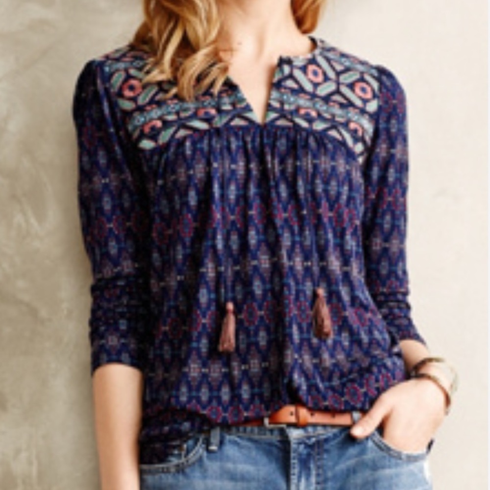 California Moonrise Navy Embroidered Mixed Media Peasant Top
